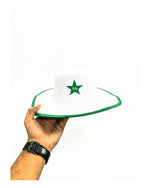White floppy cricket hat with green trim, lightweight cotton, front view