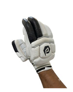 Dul Dul premium batting glove in white with black finger rolls, back of hand view