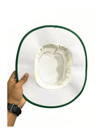 White floppy cricket hat, inside view showing brim and inner band