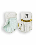 Nemo white gold wicket keeping gloves showing padded palms and adjustable wrist straps for cricket wicket keeping.