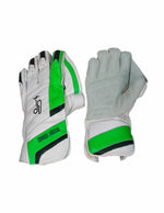 Kookaburra Keeping Gloves premium wicket keeping gloves in green and white color, designed for cricket wicket keepers.