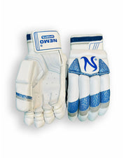 Nemo white and blue batting gloves with padded palms and adjustable wrist straps.