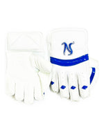 Nemo wicket keeping gloves in white with blue accents, front and back view