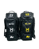 Manger X-Pro Elite coffin wheelie cricket kit bag, front view in white and gold logo versions