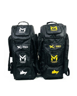Manger X-Pro Elite coffin wheelie cricket kit bag, front view in white and gold logo versions