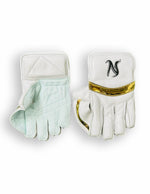 Nemo white gold wicket keeping gloves showing padded palms and adjustable wrist straps for cricket wicket keeping.