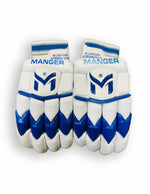 Manger Reserve Edition batting gloves with padded palms and adjustable wrist straps, designed for cricket batting comfort.