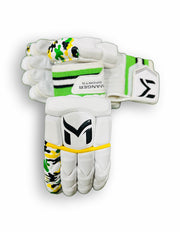 Manger Camo Edition batting gloves with camouflage pattern and padded palms, designed for baseball or softball players.