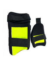 Moonwalkr cricket thigh pad and inner thigh guard, black with fluorescent yellow lining
