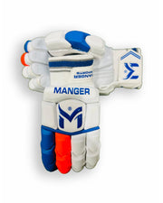 Blue and red Manger Players Edition batting gloves with padded palms and adjustable wrist straps.