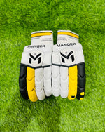 Manger Players Edition batting gloves in yellow and black with padded palms and adjustable wrist straps.