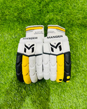 Manger Players Edition batting gloves in yellow and black with padded palms and adjustable wrist straps.
