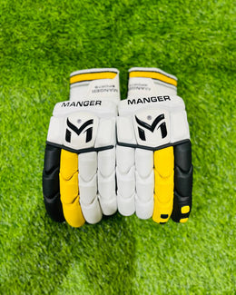 Manger Players Edition batting gloves in yellow and black with padded palms and adjustable wrist straps.