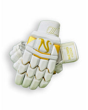 Nemo White Gold Batting Gloves with white and gold design, padded palms, and adjustable wrist straps for cricket batting.