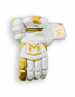 Manger Gold Edition batting gloves showing padded finger protection and adjustable wrist strap in a close-up view.