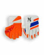 Nemo orange and blue wicket keeping gloves with white accents, designed for cricket wicket keeping performance.