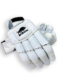 Cooper Bison 24 batting gloves with black and white design, padded palms and adjustable wrist straps for cricket or baseball batting.