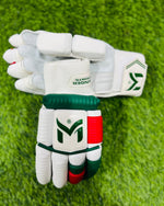 Red and green Manger Pro 89 Edition batting gloves with padded palms and adjustable wrist straps.