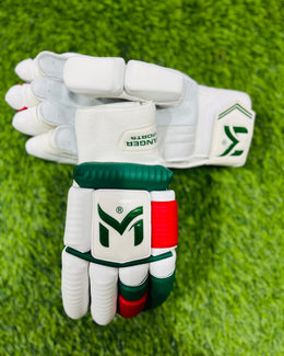 Red and green Manger Pro 89 Edition batting gloves with padded palms and adjustable wrist straps.