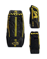 Nemo Gold duffle and wheelie cricket kit bag in Black Gold, front, side and back views