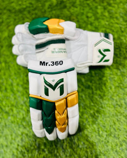 Manger Mr 360 Edition batting gloves in green and gold with padded palms and adjustable wrist straps.