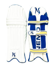 Nemo UM-23 cricket batting pads in White Blue, front and back view