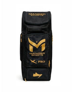 Black and gold Manger X-Pro Edition premium kit bag with sturdy handles and spacious compartments.