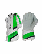 Kookaburra Keeping Gloves premium wicket keeping gloves in green and white color.