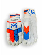 Blue and red Manger Mr 360 Edition batting gloves with padded palms and adjustable wrist straps.