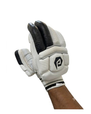 Dul Dul premium batting glove in white with black finger rolls, back of hand view