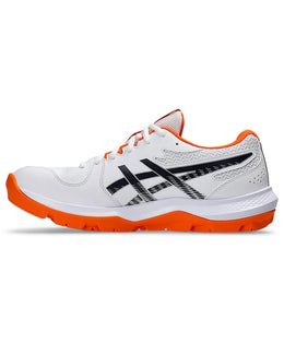 Asics Gel-Peake shoes in White/Orange, side view showing rubber gripper outsole.