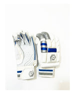 Dul Dul premium batting gloves with finger cuts in White Blue, palm and back of hand view