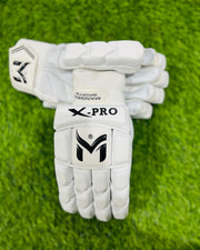 White Manger X-Pro batting gloves with padded palms and adjustable wrist straps.