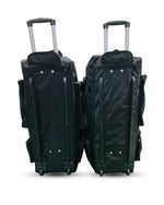 Manger X-Pro Elite coffin wheelie cricket kit bag, back view with trolley handles and wheels