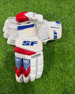 Red and white SF Platinum batting gloves with padded palms and adjustable wrist straps.