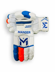 Blue and red Manger Players Edition batting gloves with padded palms and adjustable wrist straps for cricket or baseball.