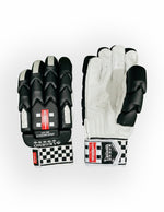 Gray Nicolls Legend batting gloves with gray and black design, padded palms, and adjustable wrist straps for cricket players.