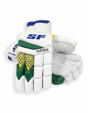 SF Platinum Batting Gloves showing padded palms and adjustable wrist straps for enhanced grip and comfort during cricket batting.