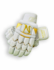 Nemo White Gold Batting Gloves with white and gold design, padded palms, and adjustable wrist straps for cricket batting.
