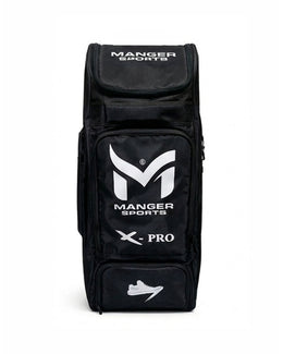 Manger X-Pro Edition premium black and white kit bag with front view, showcasing durable design and spacious storage.