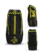 Nemo Gold duffle and wheelie cricket kit bag in Yellow Black, front, side and back views