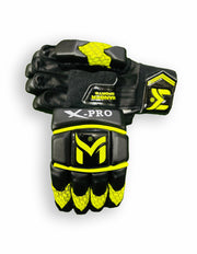 Black Manger X-Pro batting gloves with padded palms and adjustable straps for enhanced grip and comfort during cricket batting.