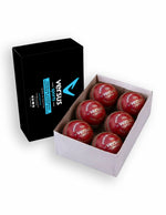 Six Versus Club Match Balls in red, displayed in a box, designed for professional soccer matches and training.