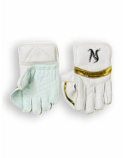 Nemo white gold wicket keeping gloves showing padded palms and adjustable wrist straps for cricket wicket keeping.