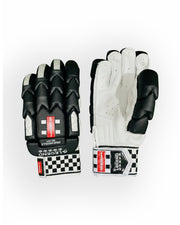 Gray Nicolls Legend batting gloves with gray and black design, padded palms, and adjustable wrist straps.