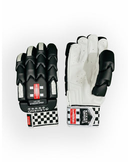 Gray Nicolls Legend batting gloves with gray and black design, padded palms, and adjustable wrist straps.