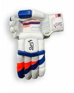 Kookaburra batting gloves in blue and orange, showing padded palms and adjustable wrist straps.