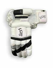 Black and grey Kookaburra batting gloves with padded palms and adjustable wrist straps.
