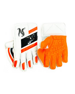 Nemo wicket keeping gloves in white with orange palms, front and back view