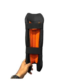 MoonWalkr wicket keeping pad, inside view with orange lining and straps